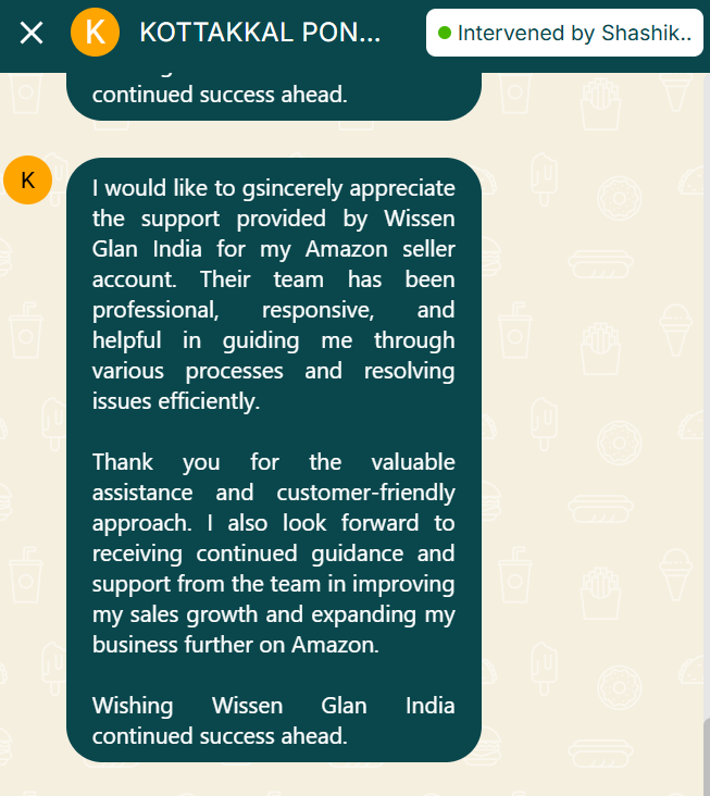 WhatsApp seller feedback from Amazon India seller about Account guidance & sales growth